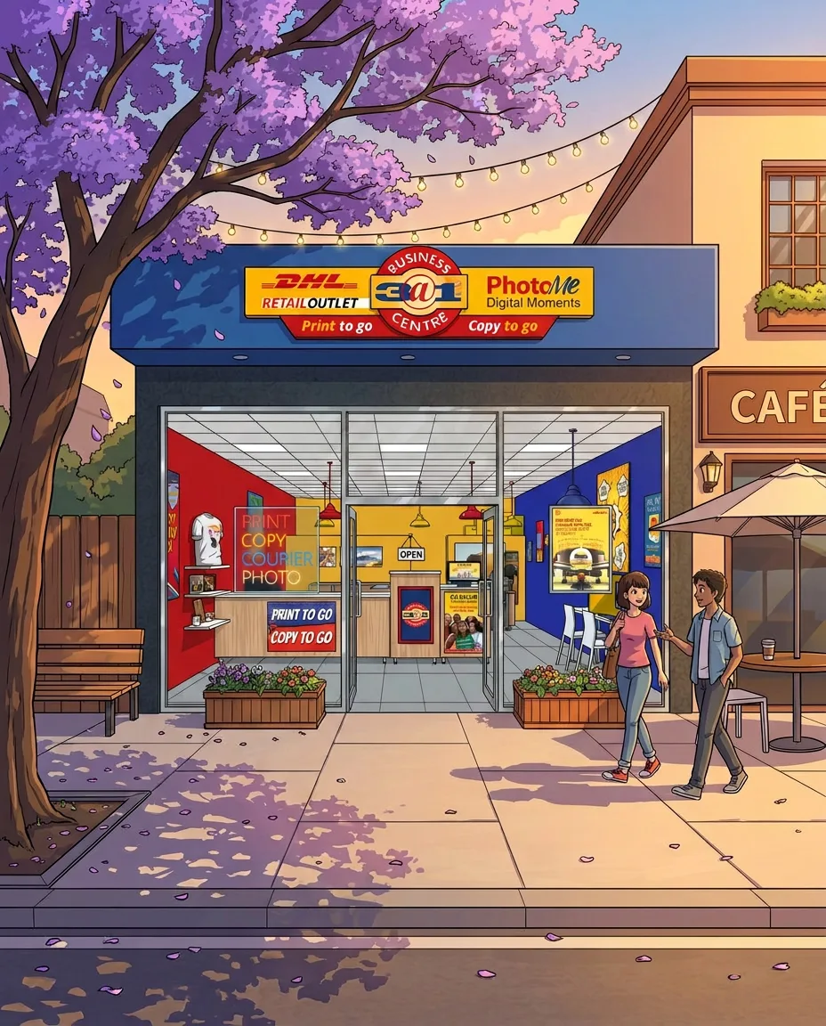 Illustration of a 3@1 Business Centre storefront on a leafy street at dusk